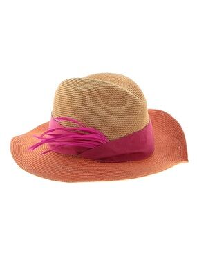 Eugenia Kim Hemp Fedora Hat Peach Pink Feathers